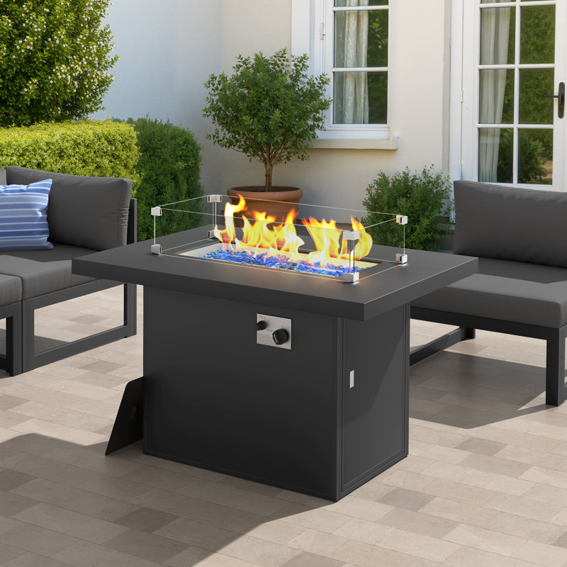 43" Gray Rectangular Aluminum Propane & Natural Gas Fire Pit Table, 60,000 BTU with Glass Wind Guard & Lid, Gray