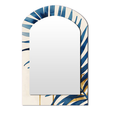 Bleu et doré feuilles de palmier I - miroir mural unique à arche bleue, miroir asymétrique traditionnel, impression d'art en métal