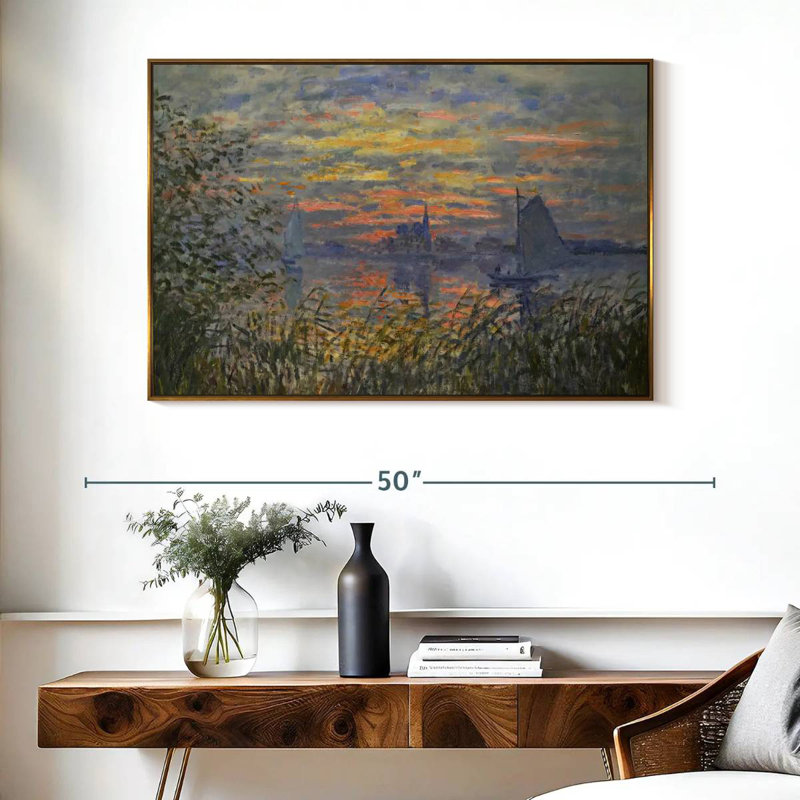 Vue marine avec coucher de soleil, Cadre flottant doré, 40 po x 27 po