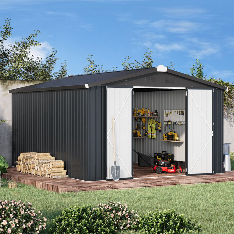 10' X 14' Shed Metal, Outdoor Storage Sheds, Gris foncé