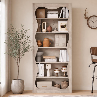 6-Tier Scalloped Wavy Edge Bookshelf, 2-in-1 Reversible Wood Bookcase Entryway Console Table, Tall Open Storage Shelf for Living Room Bedroom Office