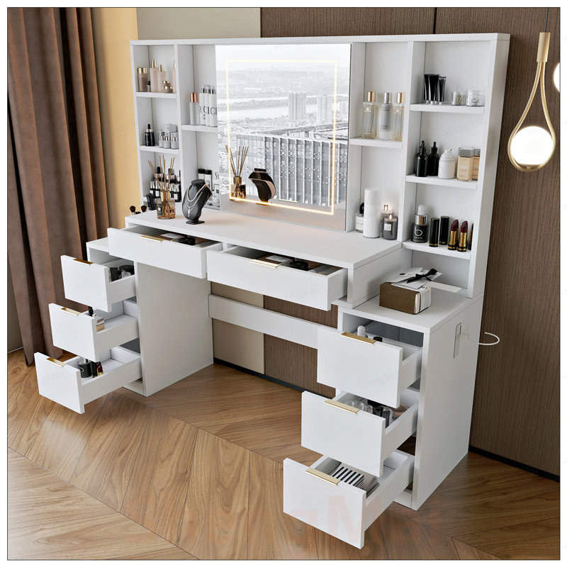Grand bureau de coiffeuse avec lumières DEL réglables, 8 tiroirs et tablettes ouvertes pour un rangement organisé et des routines de beauté améliorées