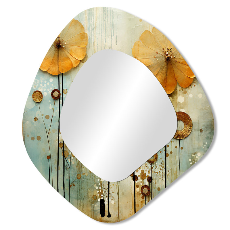 Delicate Dreamscapes Airy Dandelion II - miroir mural asymétrique pissenlit, miroir décoratif de forme irrégulière jaune, impression d'art en métal