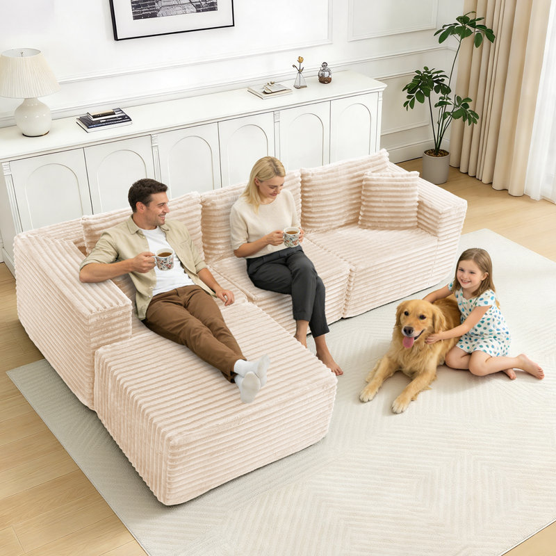 108" Modular Sectional Couches Luxury Modern Corduroy Sofa, Minimalist Comfy L-Shape Cloud Couch, Compression Packaging & No Assembly Required for Living Room Apartment