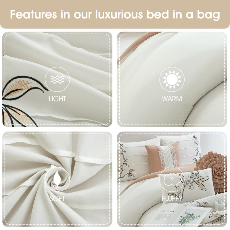 Elegant White and Blush Microfiber Queen Comforter Set with Floral Design