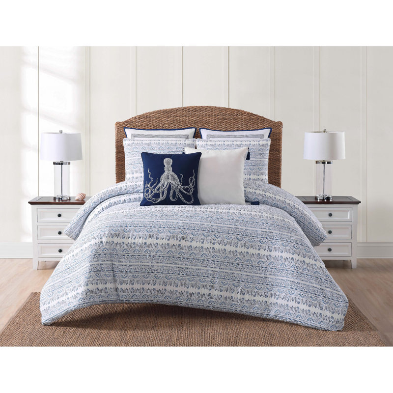 Twin White and Blue Cotton Coastal Comforter Set