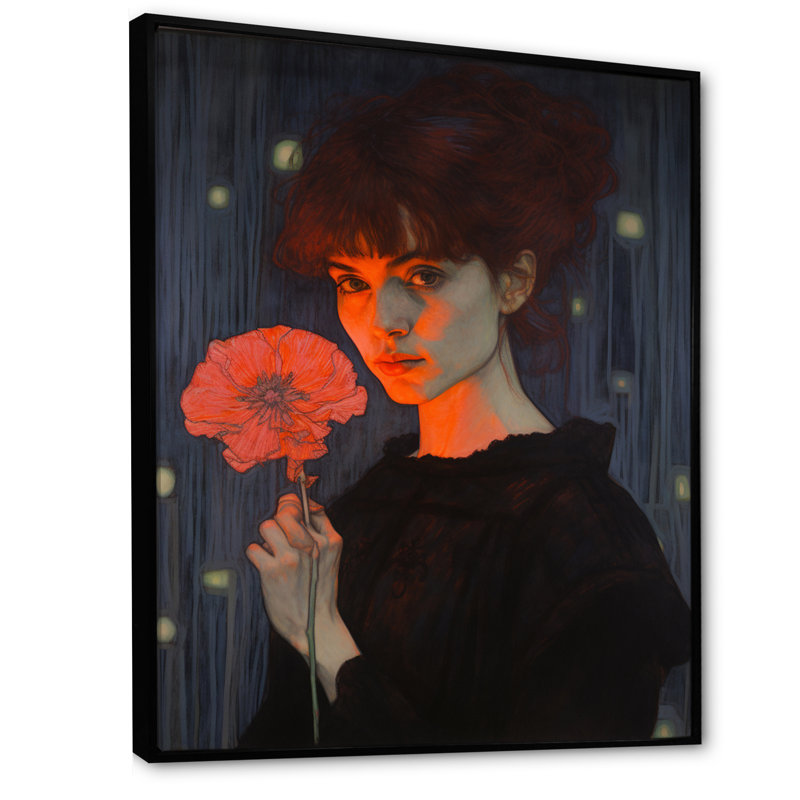 Portrait romantique d'une jeune femme tenant une fleur rose sur toile, H 40 po x l 30 po x P 1,5 po, Cadre flottant noir