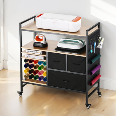 Chariot roulant et table de rangement, compatible avec les machines Cricut, poste de travail d'organisation de table d'artisanat, organisateur de rangement roulant avec 20 supports en vinyle et 3 tiroirs, noir