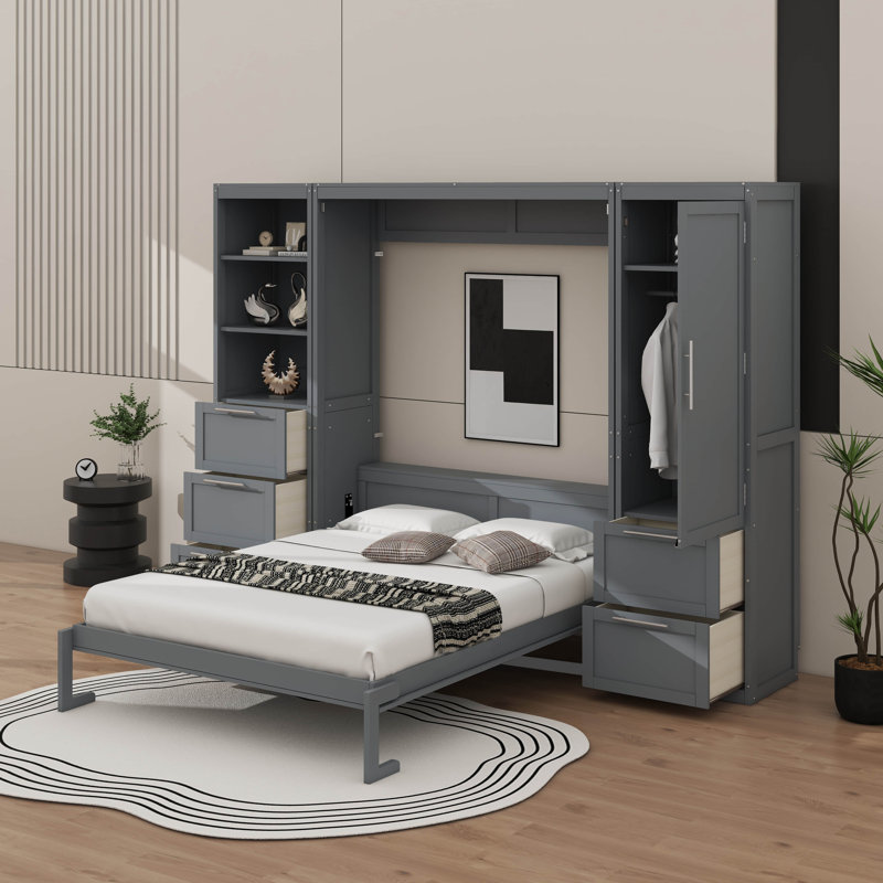 Grand lit escamotable avec tiroirs et tablettes, Gris
