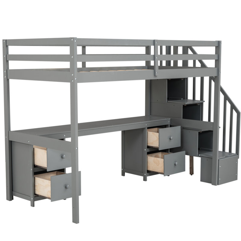 Lit mezzanine simple gris avec bureau et double rangement pour tablettes pratiques, Gris