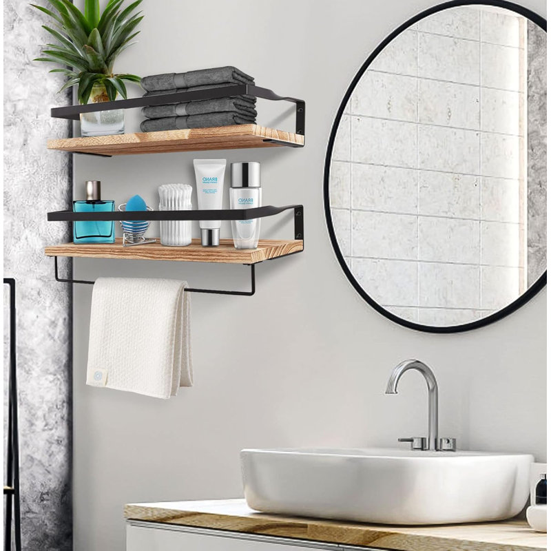 Floating Shelves Wall Mounted Shelf, Solid Wood Shelf, Towel Bar 8 Hooks, Natural