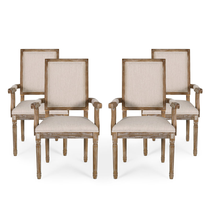 Chaise avec accoudoirs à dossier très grand en bois massif Ethynn, 4, Naturel, Gris clair