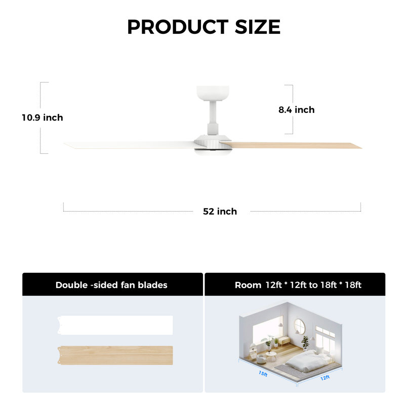 52 Inch Ceiling Fan With Led Night Light High Air Volume, White with Natural Blades
