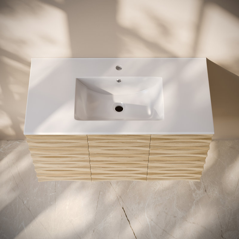 Meuble-lavabo mural 36 po Cascade, Blanc, Marron clair