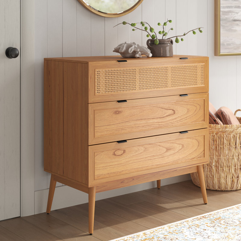 Keanu 36" W 3-Drawer Wood and Cane Chest, Brown