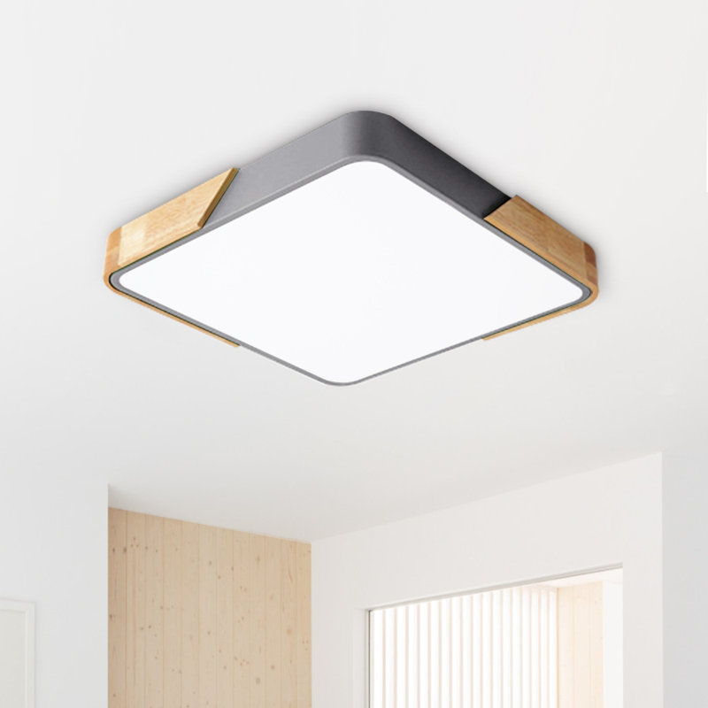 40cm LED Dimmable Flush Mount, Modern Square Ceiling Light with Wood Accent, Gray