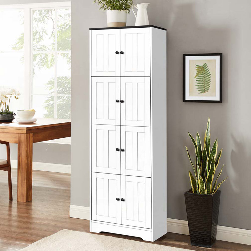 Tall Storage Cabinet with 8 Doors and 4 Shelves, White