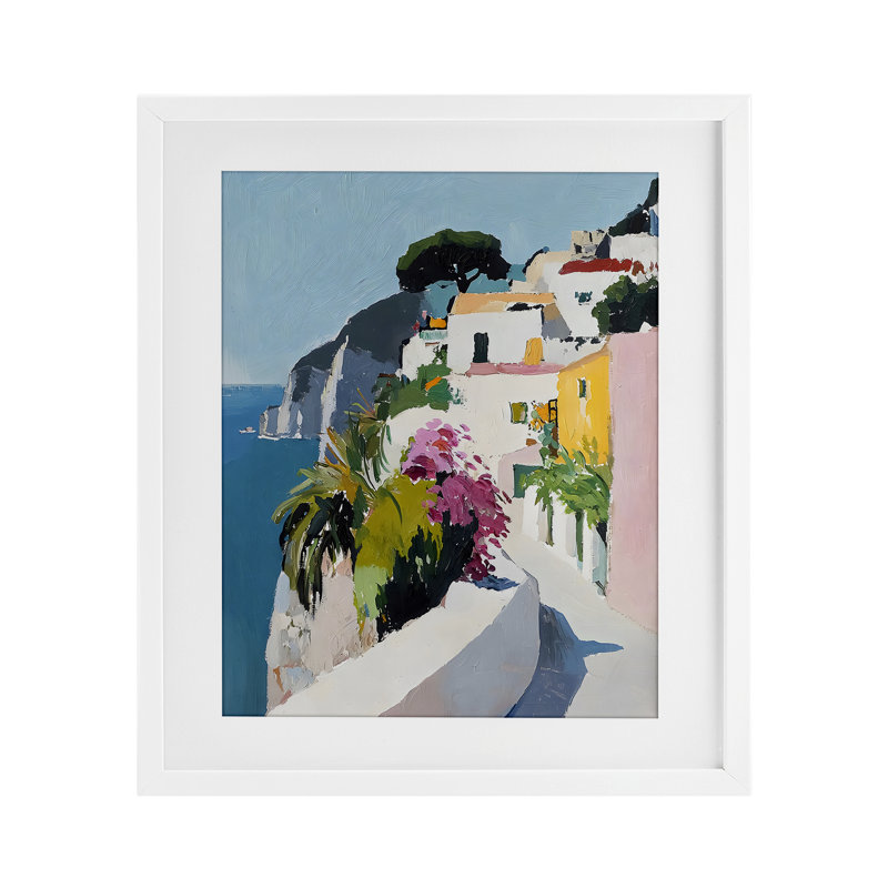 «Italian Coast Walkway», reproduction sous verre encadrée, design par Riley B, H 16 po x l 13 po, Cadre blanc côtier