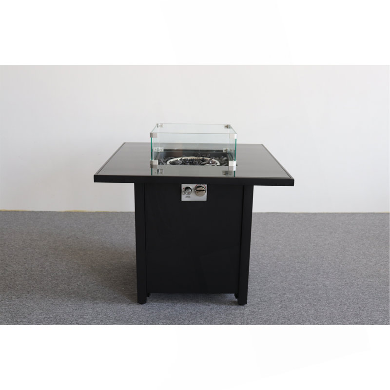 30" Black Powder-Coated Metal Fire Pit With Smoked Glass Top, Black