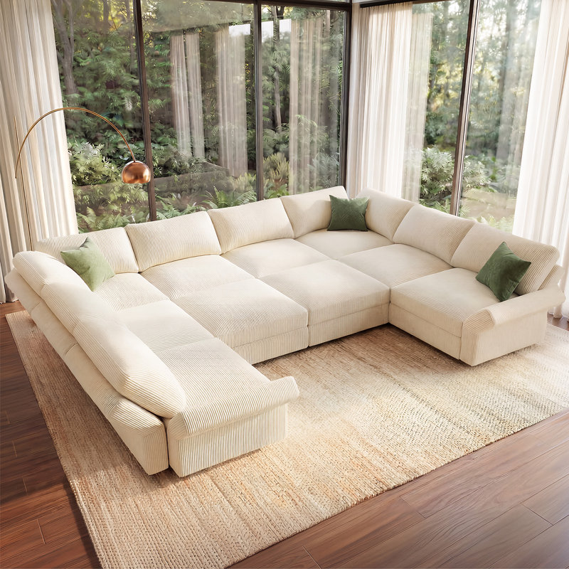 Abramson Beige U-shaped Corduroy Sectional Sofa With Adjustable Armrest And Storage, Beige Corduroy