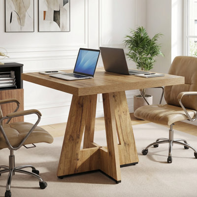 31.5" Square Pedestal Wood Conference Table, Compact Meeting Desk For 2-4 People, Sturdy Space-Saving Table For Small Office/Home Conference Nook