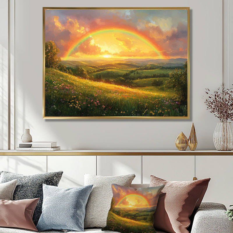 Rainbow Over The Hills At Dusk II - Rainbow Wall Art, H 12 po x l 20 po, Cadre flottant doré