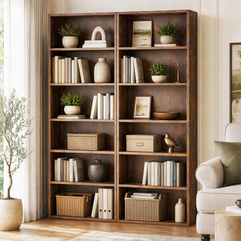 Grande bibliothèque - Ensemble de 2, étagères de rangement et de présentation pour le bureau à domicile et le salon, Brun