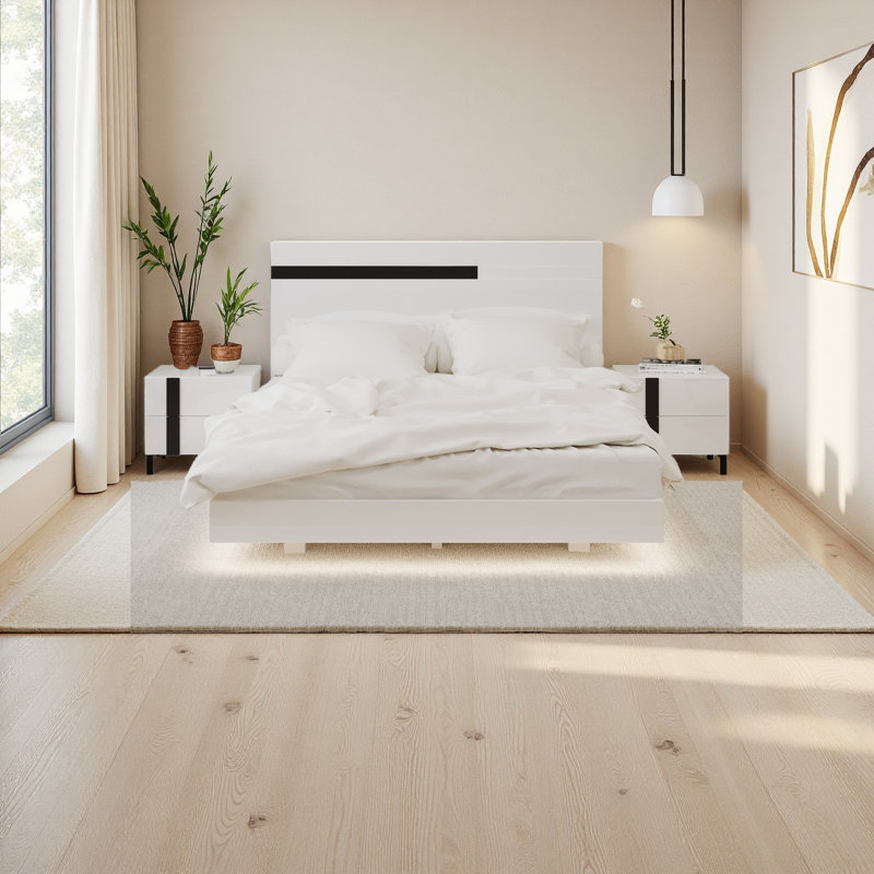 Ensemble de chambre à coucher moderne 3 pièces avec lit à plateforme flottante grand brillant avec lumière DEL et 2 tables de chevet, blanc