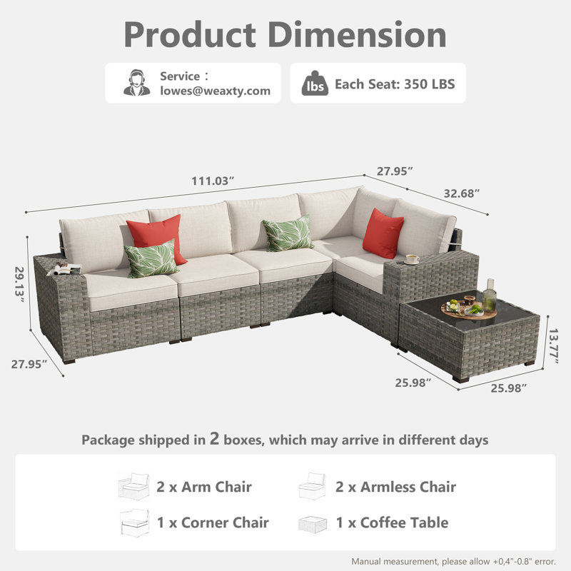 Ensemble de 6 meubles de patio modulaires d'extérieur, ensemble de conversation en osier avec canapé en forme de L, canapé d'extérieur avec table basse