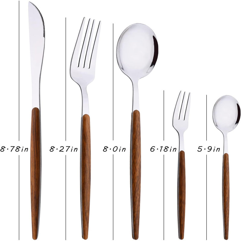 Ensemble de couverts 30 pièces en acier inoxydable, couverts polis miroir avec poignées effet bois