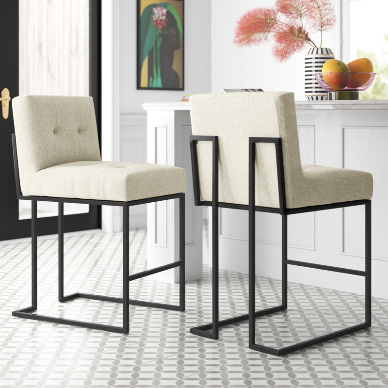 Privy Black Stainless Steel Upholstered Counter Stool, Beige Polyester Blend, Counter Stool (24.5" Seat Height)