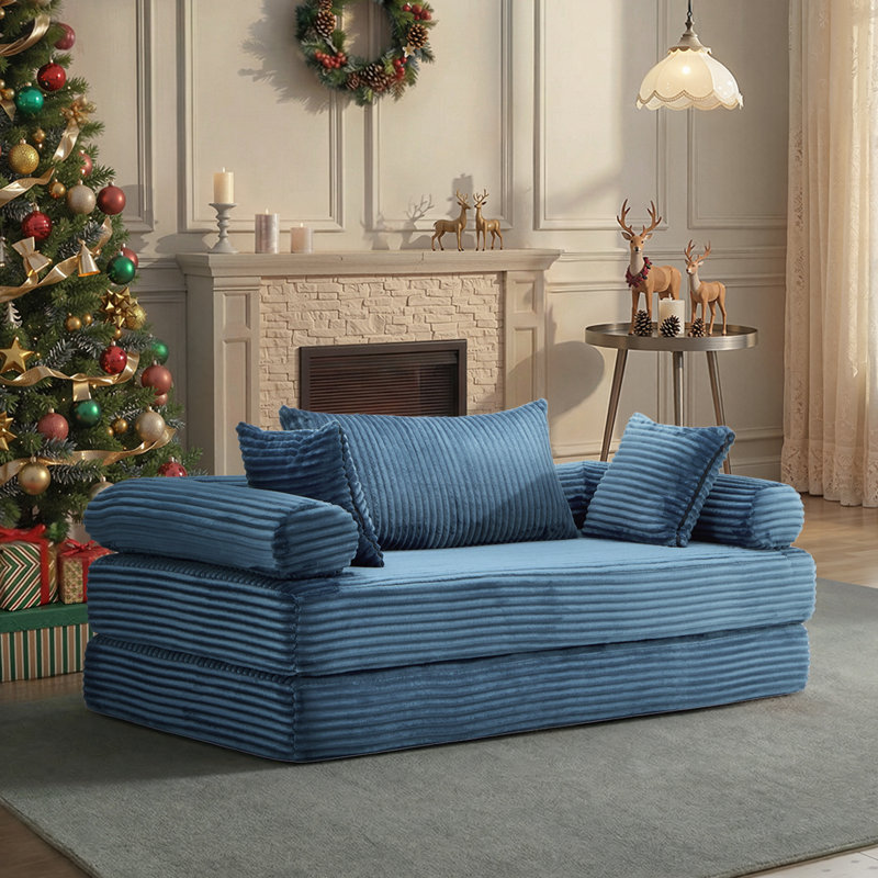 Corduroy Upholstered Modern King Size Convertible Sleeper Sofa Stackable Corduroy Sofa Bed-No Assembly Required, Sea blue