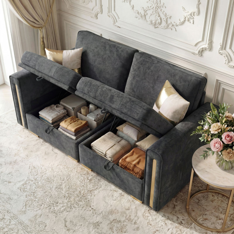 Canapé modulaire 2 pièces avec rangement sous le siège, causeuse en chenille de luxe avec pieds dorés et détails décoratifs