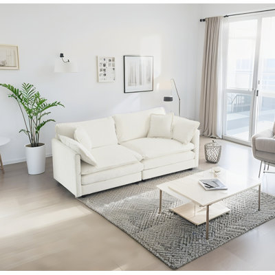 White Chenille Modern Fabric Loveseat Sofa 2-Seat Sofa With 4 Pillows