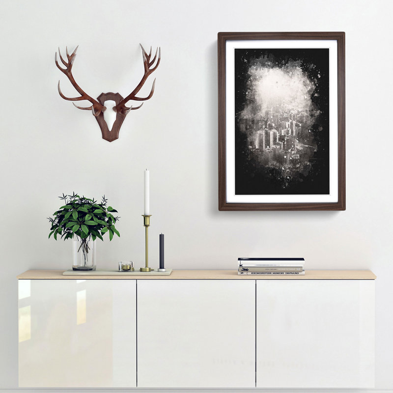 Hong Kong Skyline Abstract Paint Splash - Picture Frame Graphic Art, 87cm H x 62cm W x 2cm D, Walnut Framed