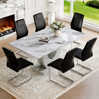  Ensemble de table de salle à manger 63 po en bois, gris rectangulaire pour 4/6 personnes avec chaises en cuir