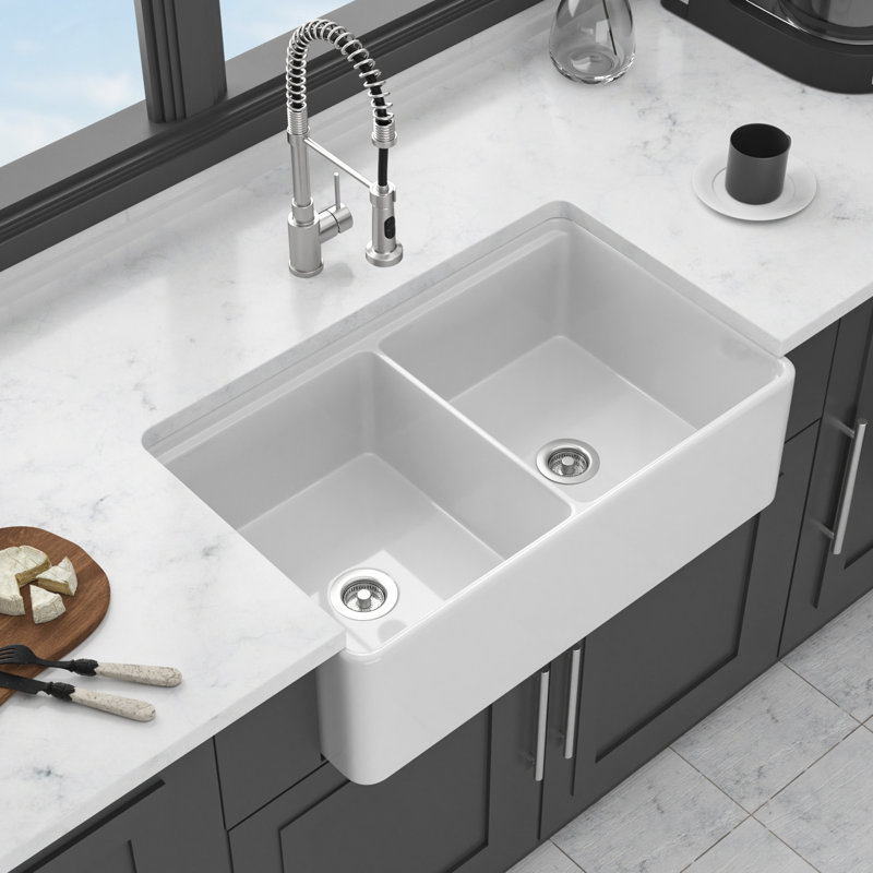 33 po, blanc, céramique, lavabo, double cuve, multitâche, surface émaillée lisse, rail d'espace