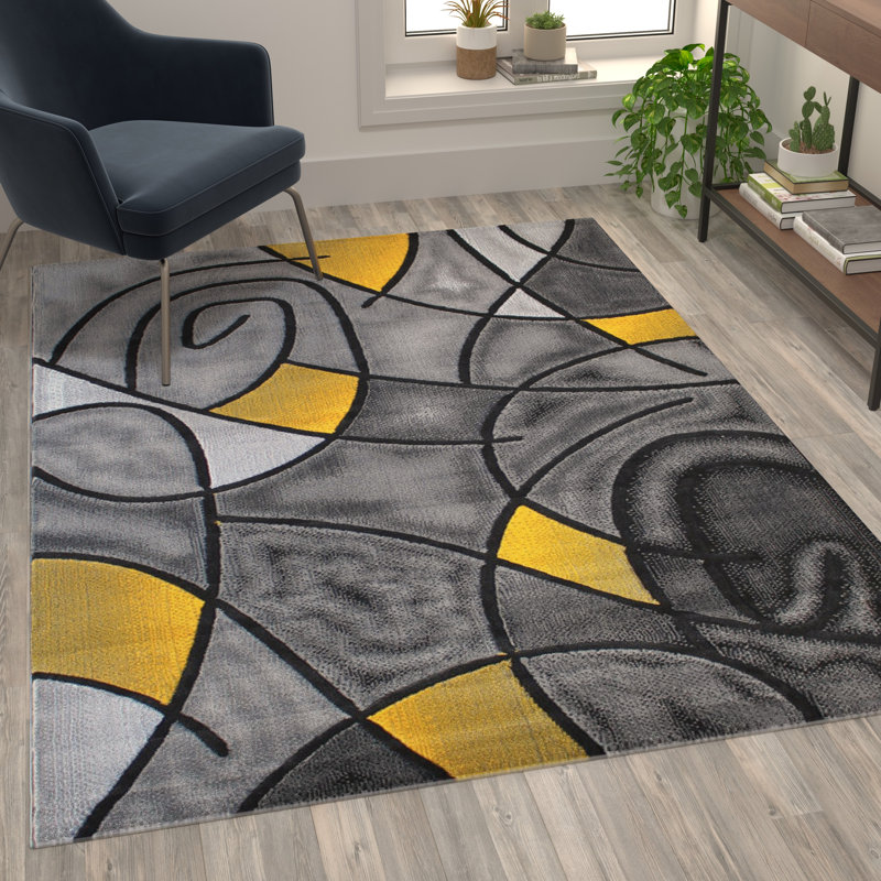 Tapis jaune et gris à motif abstrait moderne Sioar, Rectangle 5 pi x 7 pi