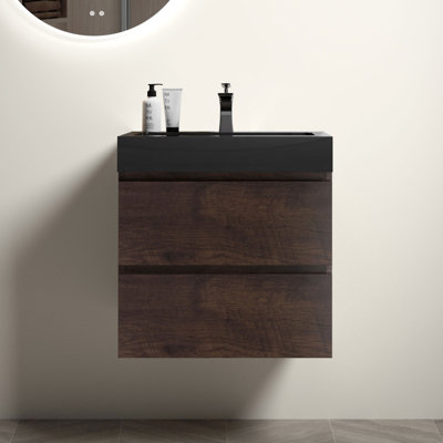 Meuble-lavabo de salle de bain avec lavabo, grand meuble-lavabo flottant mural de rangement, lavabo une pièce sans bonde et robinet, pré-assemblé, meuble-lavabo