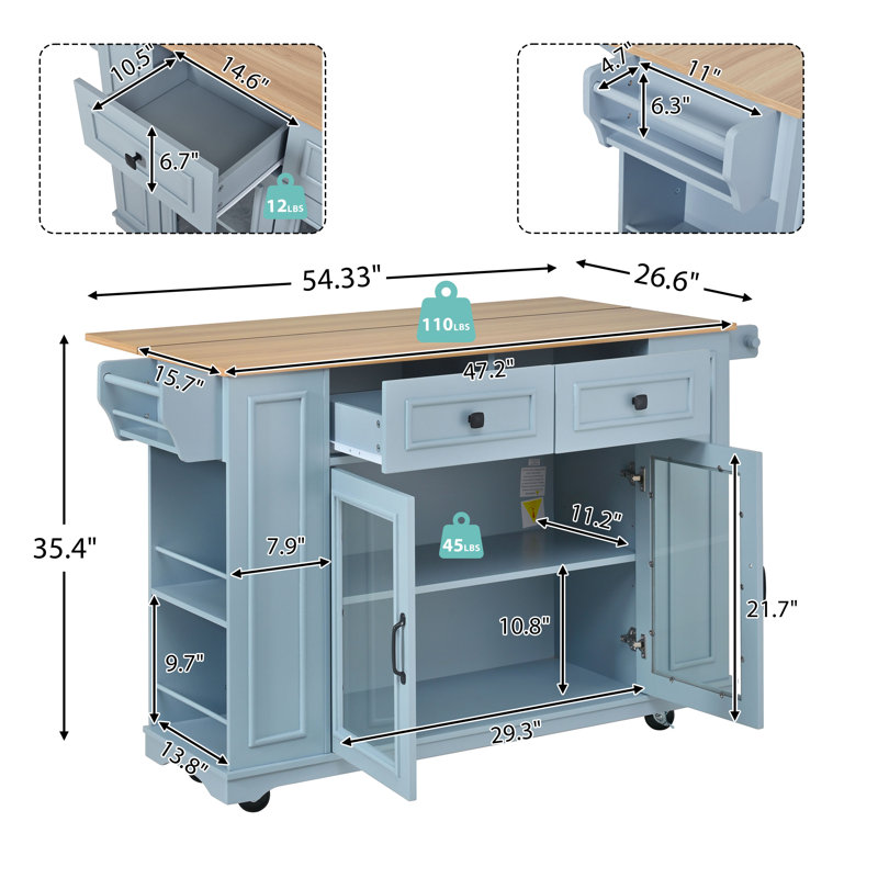 54" Wide Rolling Kitchen Island With Solid Wood Top, Power Outlets And Glass Cabinet Doors, Blue