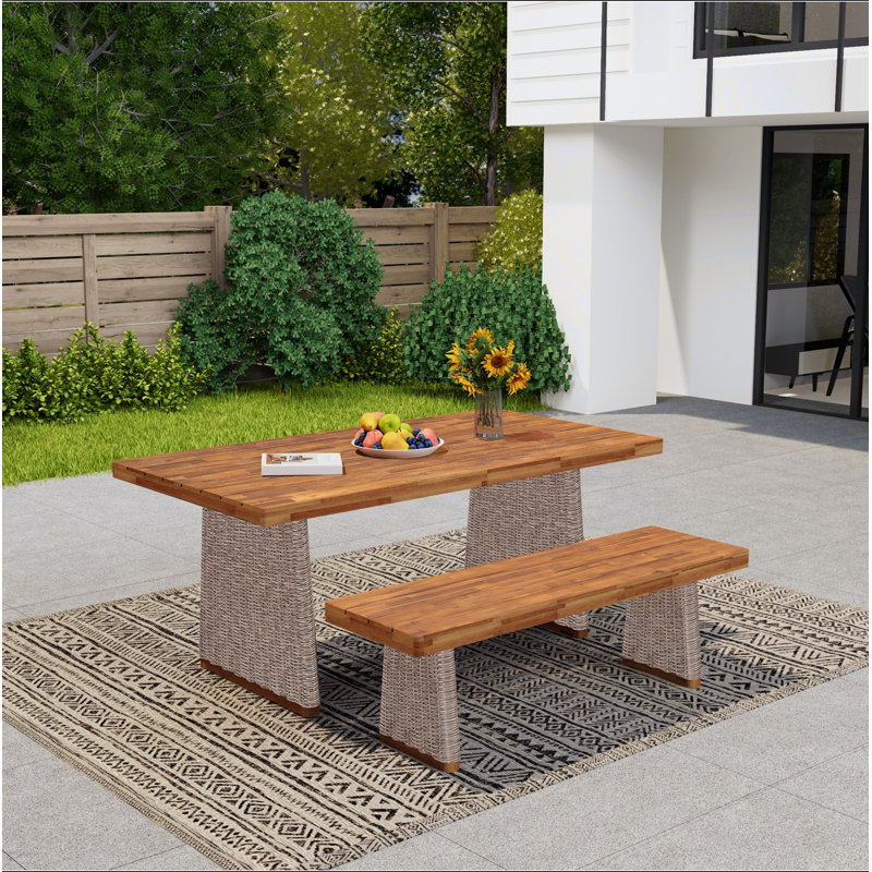 Ensemble de table de salle à manger d'extérieur en bois d'acacia avec 1 table et 1 banc, Brown