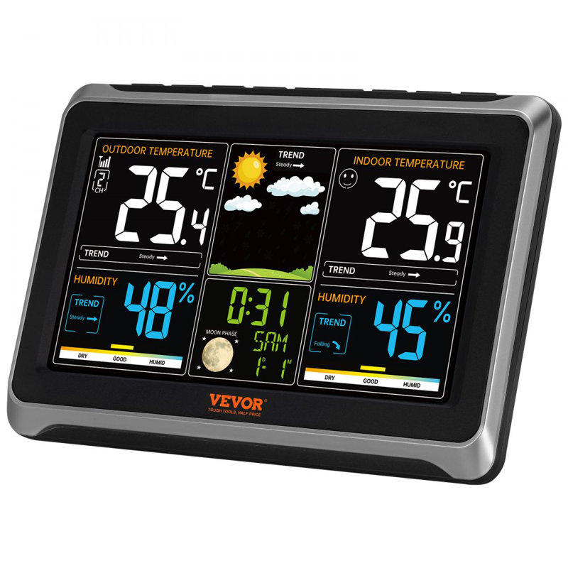 Weather Station Indoor Outdoor, 7.5 in Large Colour Display, Wireless Digital Home Weather Station, with Sensor Atomic Clock Adjustable Backlight Forecast Data Calendar Alarm Alert Temperature