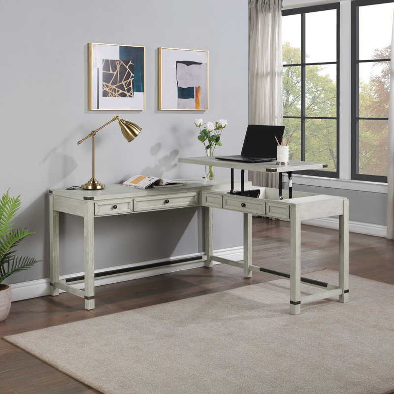Bureau en L à hauteur ajustable avec prises Dwanda, Brun pâle