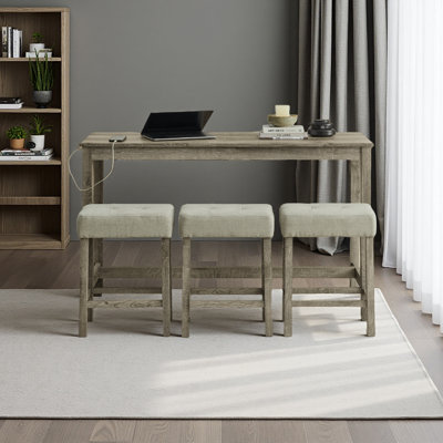 59 Inch Bar Table, Dining Table, Sofa Table With Power Outlet, 3 Upholstered Stools, 4 Piece Bar Table And Chair Set For Living Room