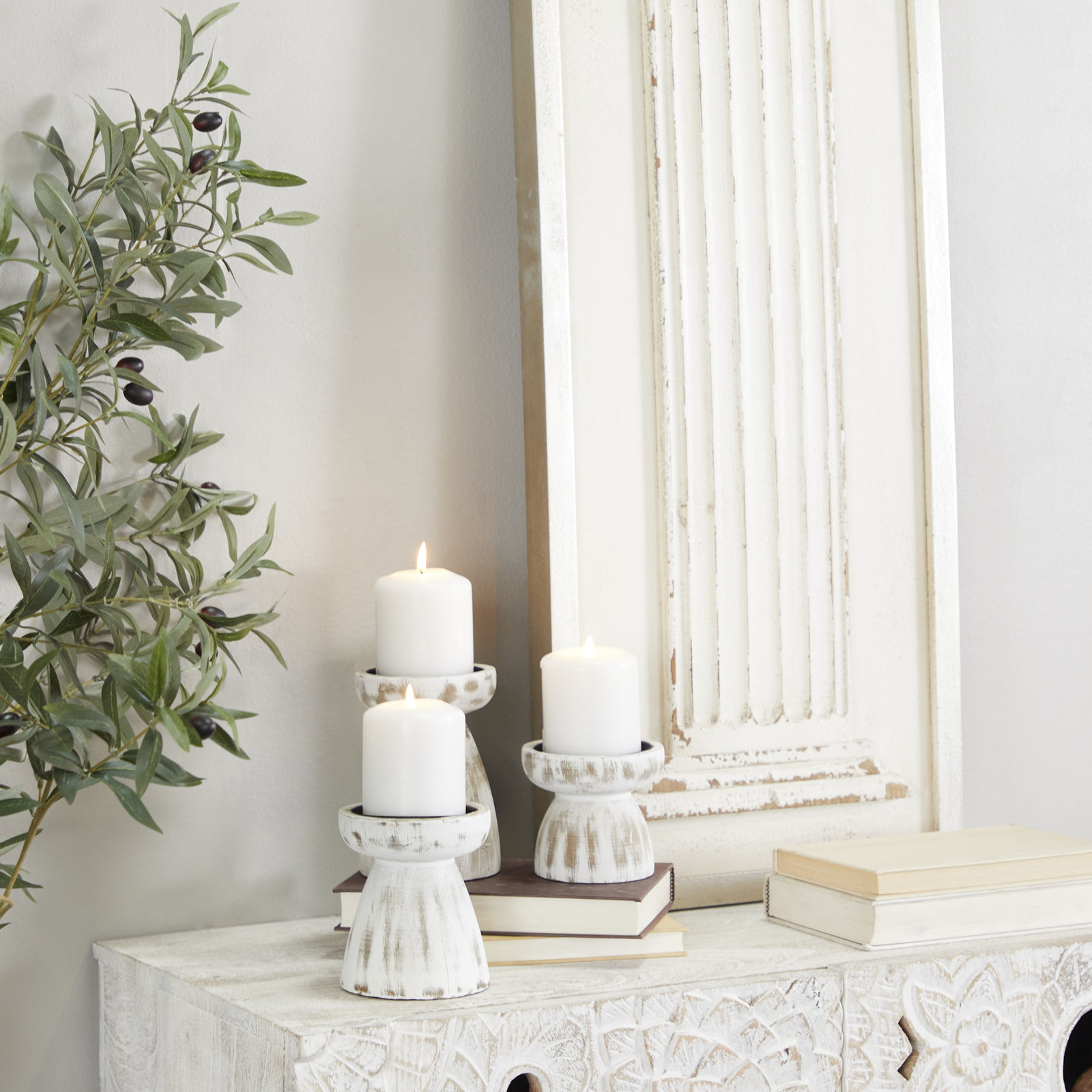 3-Piece Wood Candlestick Set, White Wash