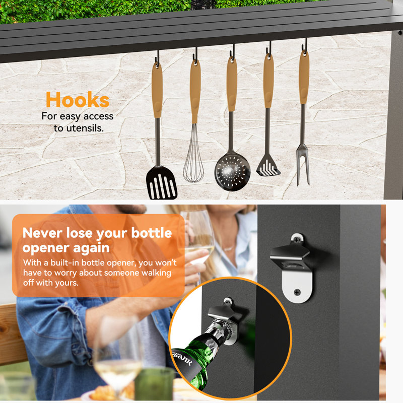 Montauk 6' X 12' Outdoor BBQ Patio Hard Top Grill Gazebo With Slop Roof, Bar Table Counter With Hooks And Opener, Matte Black