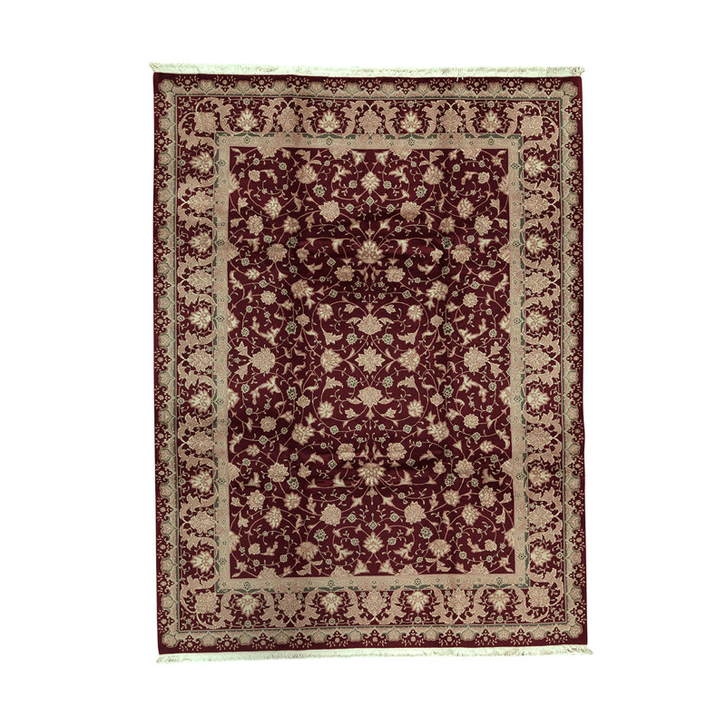 Tapis rouge vin / crème en laine noué à la main de conception unique 8 pi 9 po x 11 pi 9 po