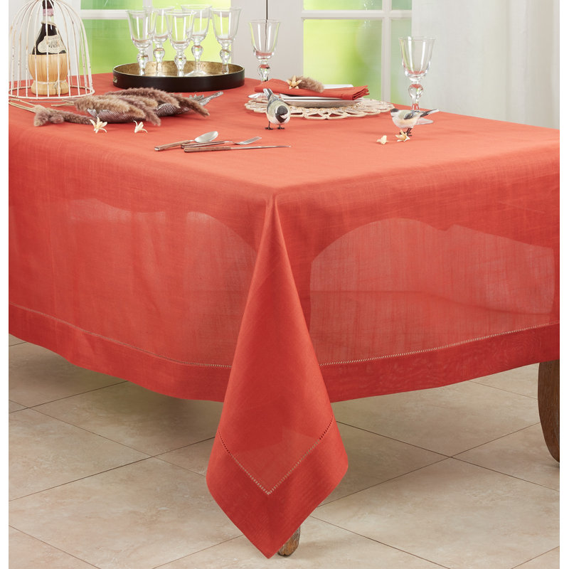 Terracotta Hemstitched Border Square Fabric Tablecloth
