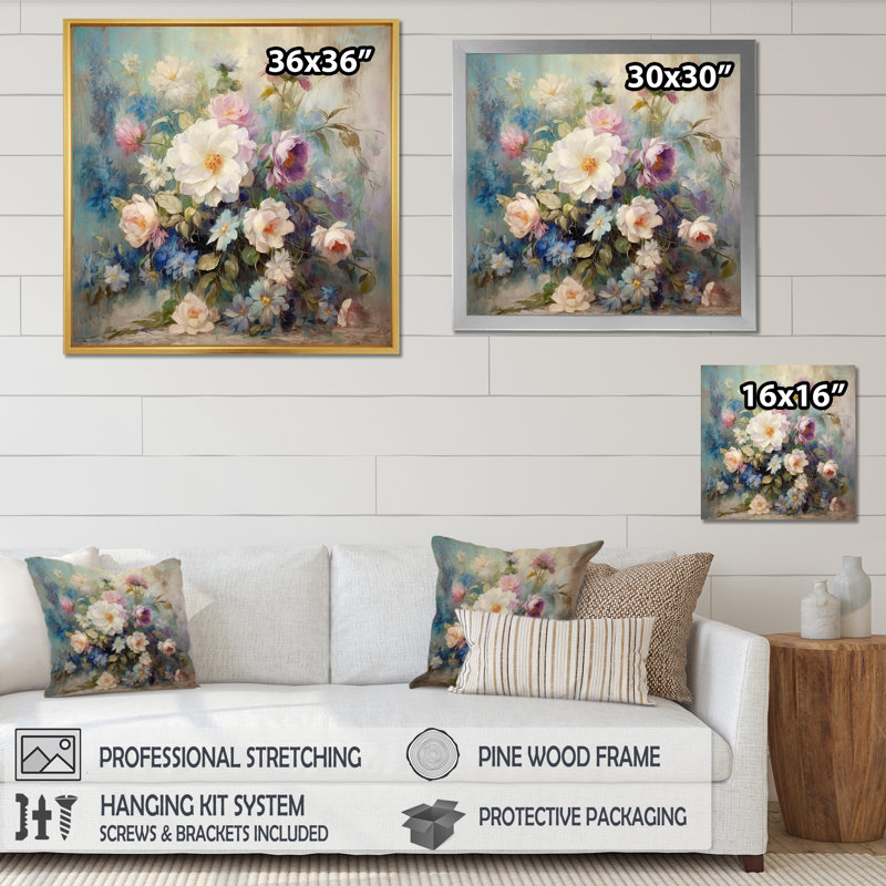 «Retro Collage Blossoming Wildflowers» sur impression sur toile, Cadre flottant blanc, 16" H x 16" W