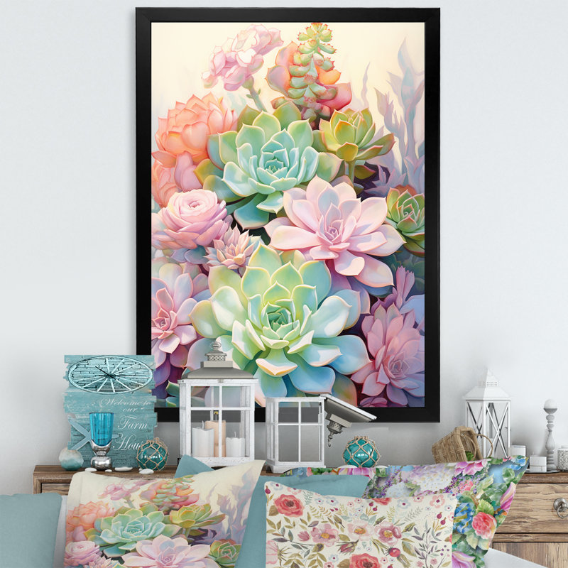 «Daerion Green Pink Succulents Succulent Serenade», reproduction sur toile, Cadre simple noir, H 20 po x l 12 po x P 1 po